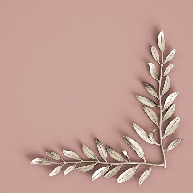 Scultura in argento branche verde oliva su muro rosa pastello. Rendering 3d