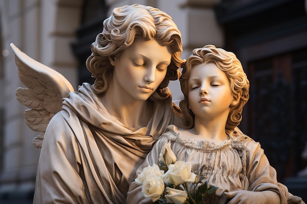 Scultura in marmo di un angelo che tiene in braccio un bambino in una strada cittadina