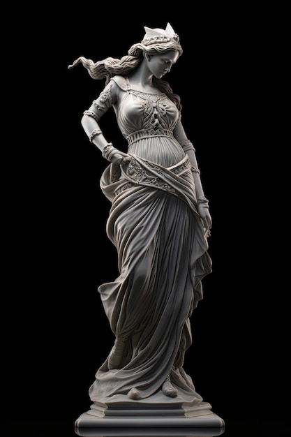 scultura in marmo di una dea greca su uno sfondo nero