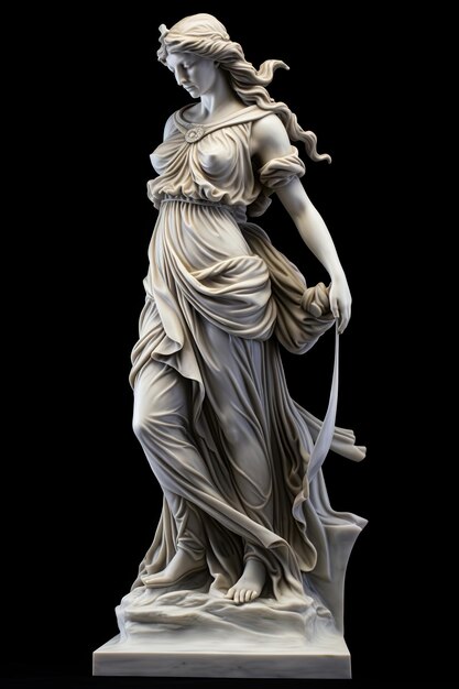 scultura in marmo di una dea greca su uno sfondo nero