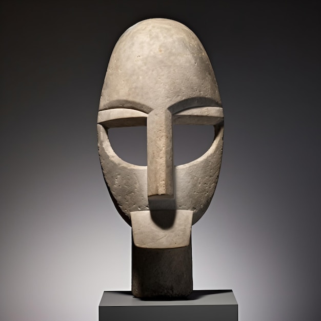 Scultura in pietra calcarea di una testa umana stilizzata con caratteristiche geometriche