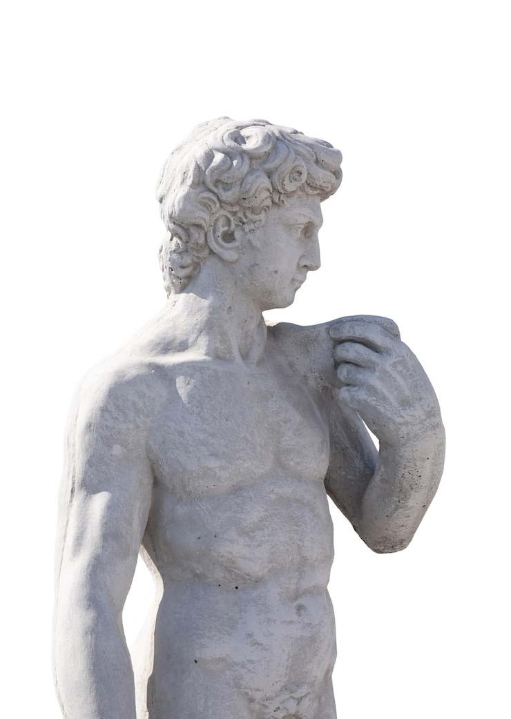 Foto scultura in pietra della parte superiore del corpo dell'uomo antico su sfondo bianco