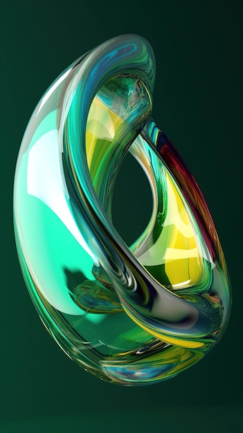 Scultura in vetro con sfondo verde e anello blu e giallo.