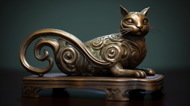 Scultura metallica in bronzo gatto di strada che si allunga disegno fotografia immagine arte generata dall'AI