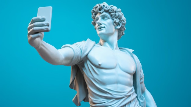 Scultura o statua del David che scatta un selfie su un cellulare su uno sfondo blu