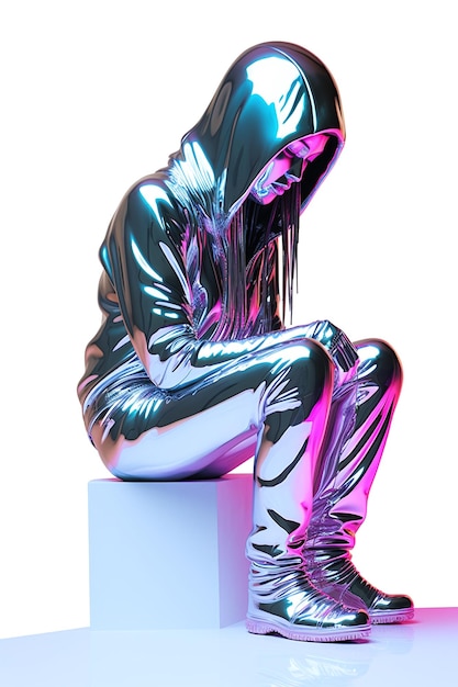 Scultura olografica di donna in metallo in posa riflettente contro uno sfondo bianco AI generativa