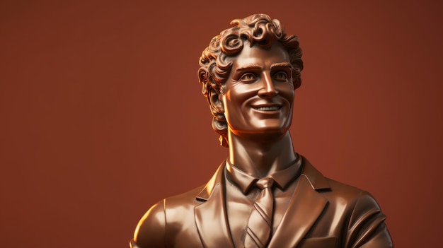 Scultura sorridente o statua di David che indossa un tailleur su sfondo marrone