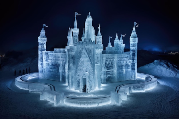Sculture di ghiaccio integrate nel design del castello alla luce della luna create con AI generativa