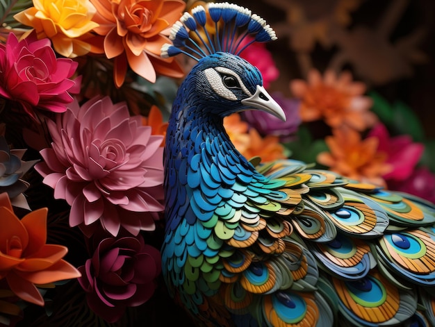 Sculture di pavoni stampate con carta colorata nello stile di dima dmitriev fondali spettacolari