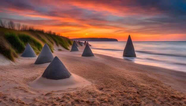 sculture di sabbia sulla spiaggia al tramonto con un tramonto sullo sfondo