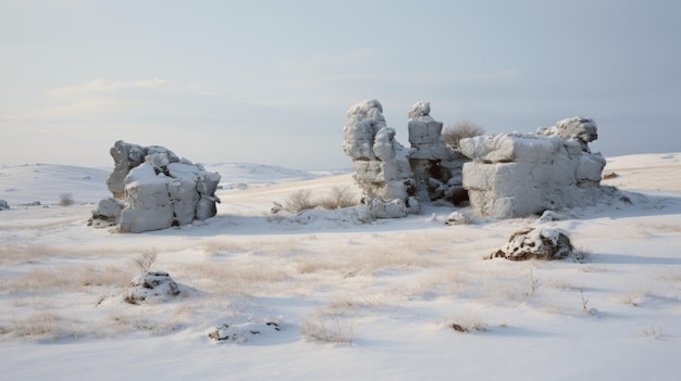 Sculture in pietra organica Un fantastico paesaggio di rovine coperte di neve