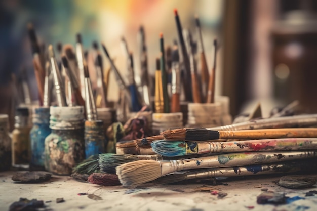 Scuola d'arte un artista sta selezionando varie forniture artigianali tra cui pennelli per acquerello per creare il loro lavoro Generative AI