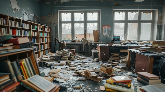 Scuola danneggiata con finestre rotte e aule riempite di detriti dopo il terremoto