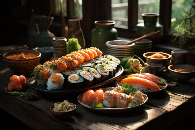 Scuola di mare sushi servito a un rustico tavolo di legno in un'atmosfera accogliente generativa IA