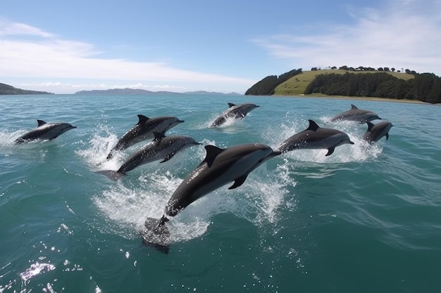 Scuola di piccoli delfini che saltano all'unisono i loro salti perfettamente sincronizzati creati con l'IA generativa