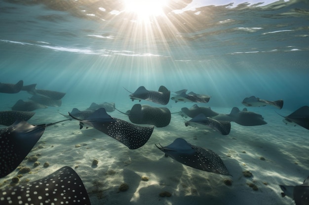 Scuola di razze che nuotano insieme nel loro habitat naturale creato con l'IA generativa