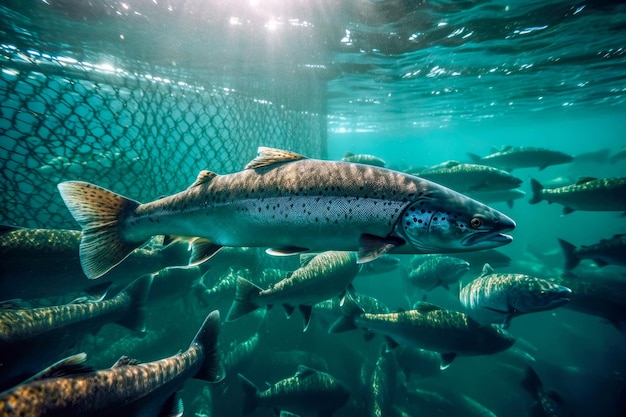 Scuola di salmone che nuota in un allevamento di acquacoltura di penna di pesce in mare aperto