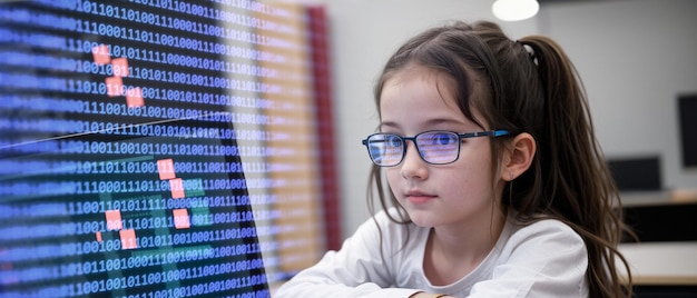 Scuola elementare Classe di scienze Ragazza intelligente che si siede e lavora sui personal computer Impara il linguaggio di programmazione per la programmazione di software Ragazza che ottiene un'istruzione moderna