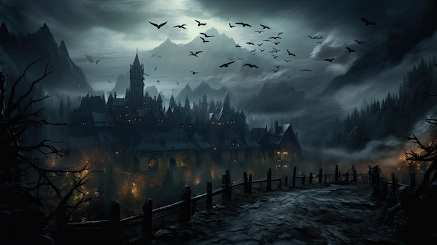 Scuro paesaggio montuoso castello di dracula sullo sfondo con pipistrelli