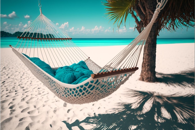 Sdraiato rilassarsi sull'amaca con vista mare blu e spiaggia di sabbia bianca