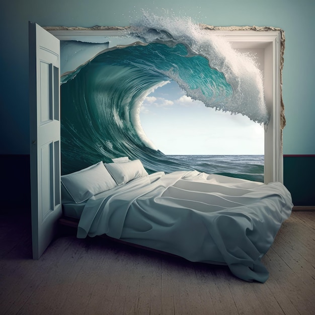 Sea Wave in Bedroom Dream of Ocean Travel Dream Flood Illustrazione generativa astratta dell'IA