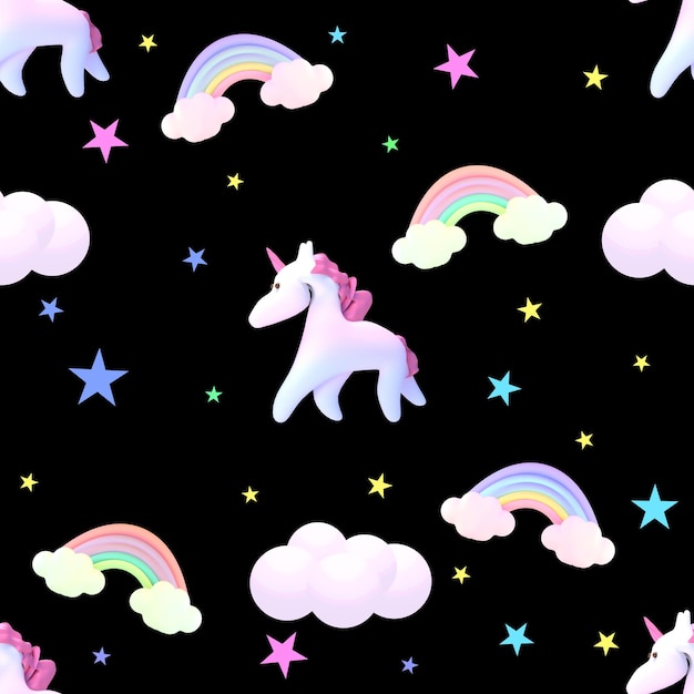 Seamless cartoon unicorni arcobaleni modello di stelle e nuvole