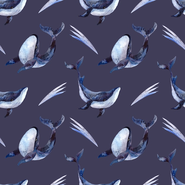 Seamless pattern acquerello con balene blu su sfondo blu, illustrazione dell'acquerello con un tema marino