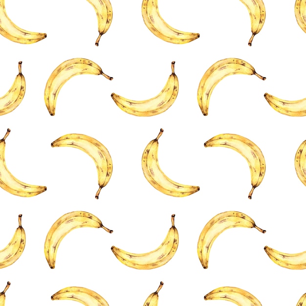 Seamless pattern acquerello con banane, pittura ad acquerello su uno sfondo bianco con frutta tropicale.