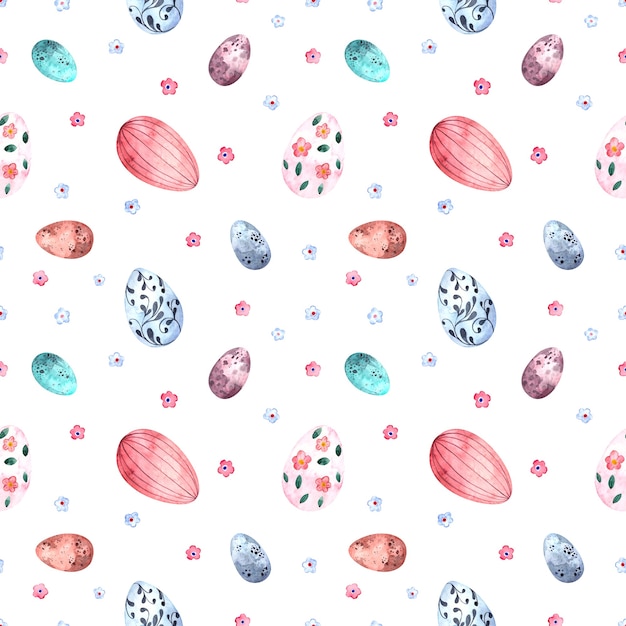 Seamless pattern acquerello con Pasqua uova colorate su uno sfondo bianco.