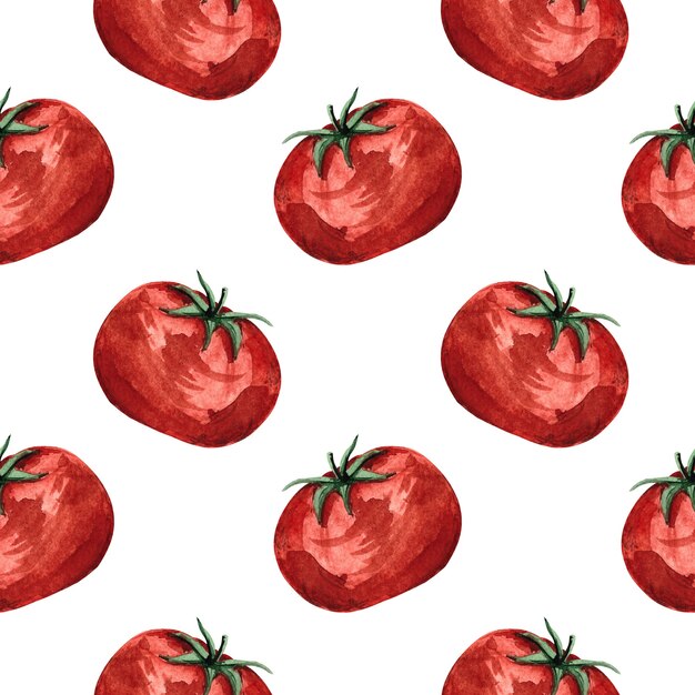 Seamless pattern acquerello con pomodori rossi su sfondo bianco, illustrazione ad acquerello con verdure