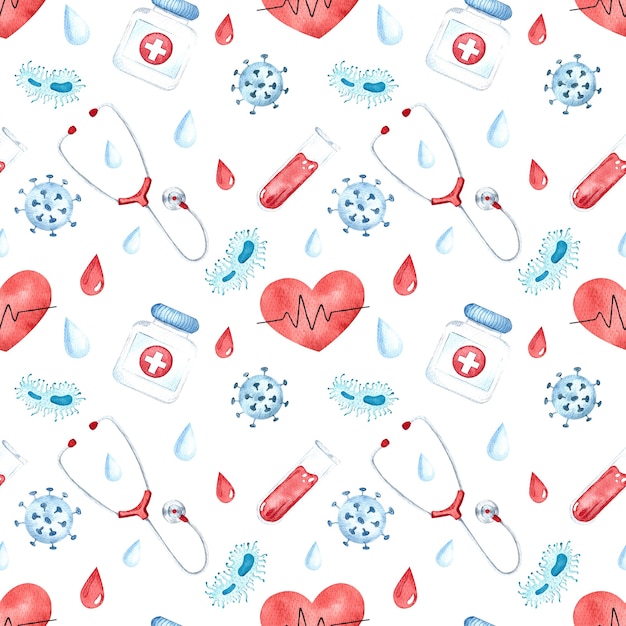 Seamless pattern acquerello con strumenti medici, kit di pronto soccorso, pillole, cuore, stetoscopio, mascherina medica su sfondo bianco.