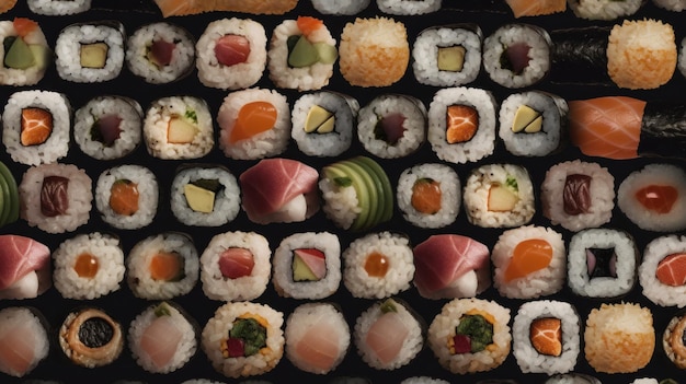 Seamless pattern con il sushi Sfondo astratto di cibo Sushi sullo sfondo nero Al generato