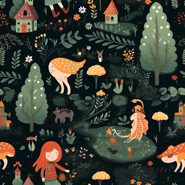 Seamless Pattern of Adventure in pittoresca espressività aggraziata che coinvolge la Foresta Incantata con