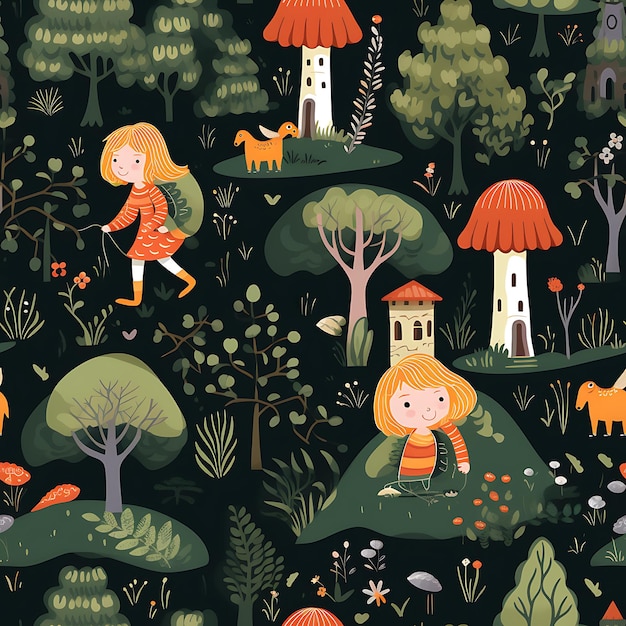 Seamless Pattern of Adventure nell'ispirare l'affascinante foresta incantata creativa con