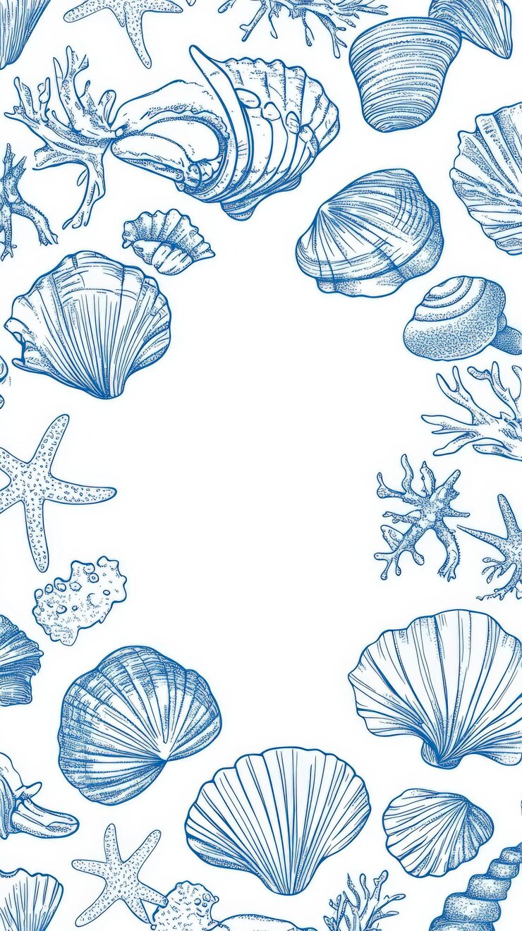 seamless pattern of hand drawn blue line art seashells starfish and corals on a white background