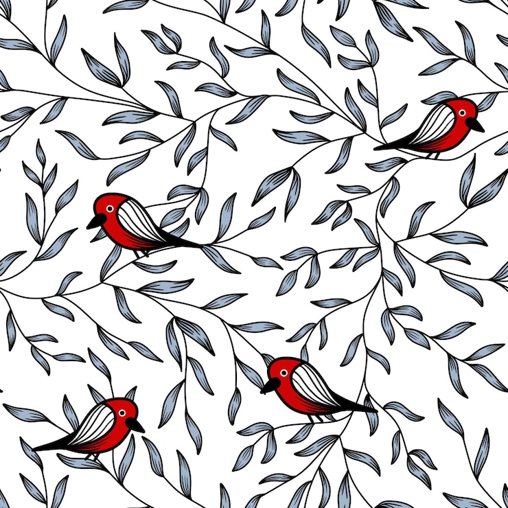 Photo seamless pattern of stylized red birds on branches with leaves on white background