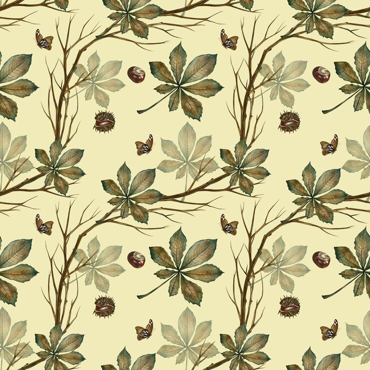 Photo seamless pattern with autumn chestnut leaves twigs and fruits handmade watercolor illustration