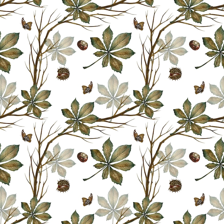 Photo seamless pattern with autumn chestnut leaves twigs and fruits handmade watercolor illustration