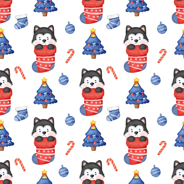 Seamless pattern with Christmas Siberian husky dog with santa hat .