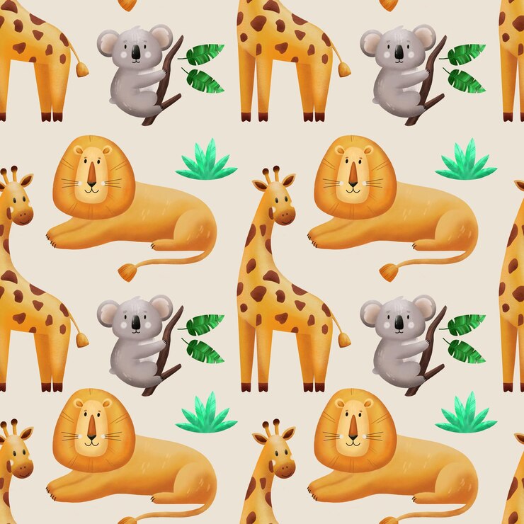 Seamless pattern with cute wild animals Animals in the jungle Giraffe koala lion leaves Illustration for textile fabric clothes and room decoration
