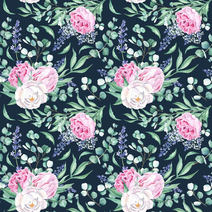 Photo seamless watercolor pattern with white and pink peonies eucalyptus and lavender branches on dark