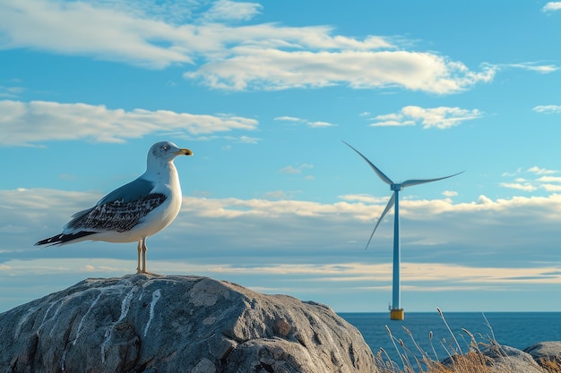 Seaside Serenity Gull on Rock con vista sul parco eolico