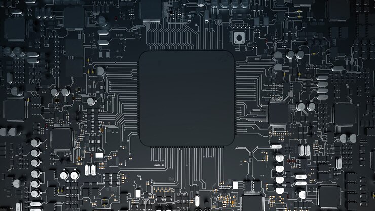 Sebuah fragmen komponen perangkat keras komputer. CPU bertenaga pada sebuah chip
