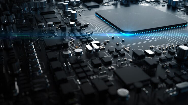 Sebuah fragmen komponen perangkat keras komputer. CPU bertenaga pada sebuah chip