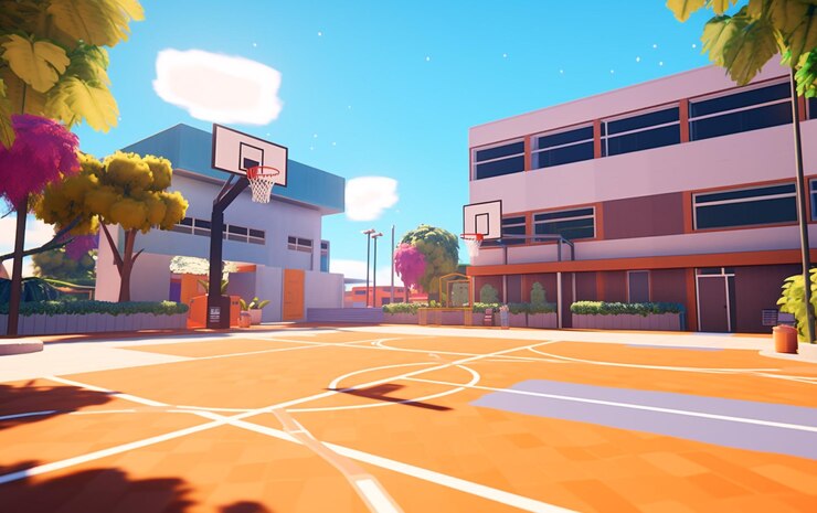 Sebuah lapangan basket dengan ring basket di depan sebuah bangunan.