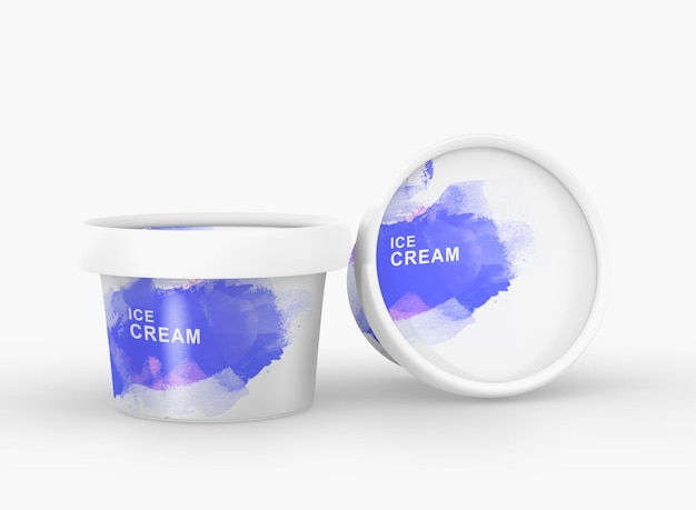 Secchiello per gelato con coperchio chiuso laterale e vista dall'alto Realistico mockup tazza di plastica o carta tazza di gelato al mirtillo contenitore per alimenti isolato su sfondo bianco Design del pacchetto dessert rendering 3d