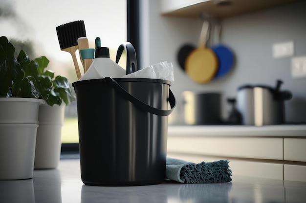 Secchio con articoli per la pulizia su tavolo di legno e sfondo sfocato della cucina moderna Generazione AI