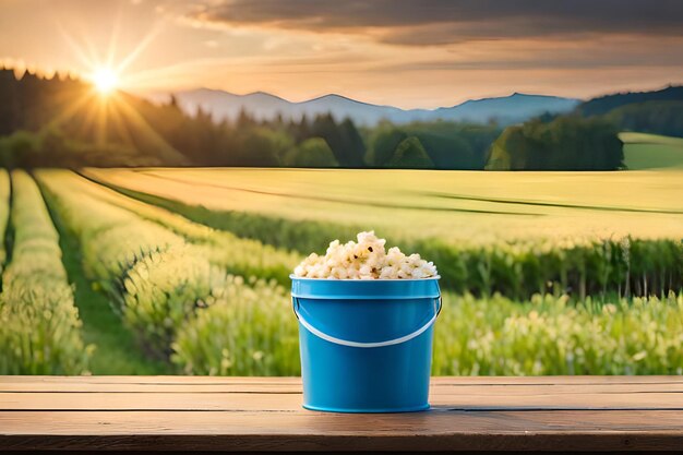 Secchio di popcorn su un tavolo di legno con un campo sullo sfondo