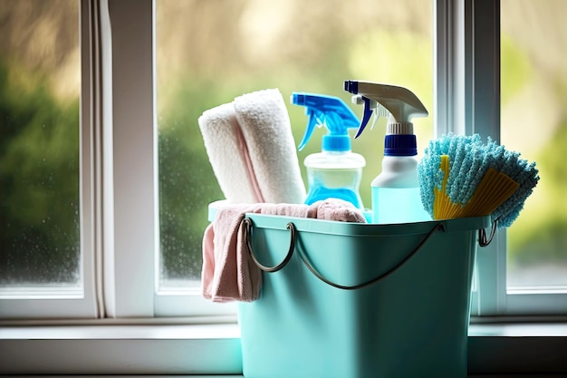 Secchio per la pulizia con prodotti per la pulizia sul davanzale chiaro sullo sfondo della finestra