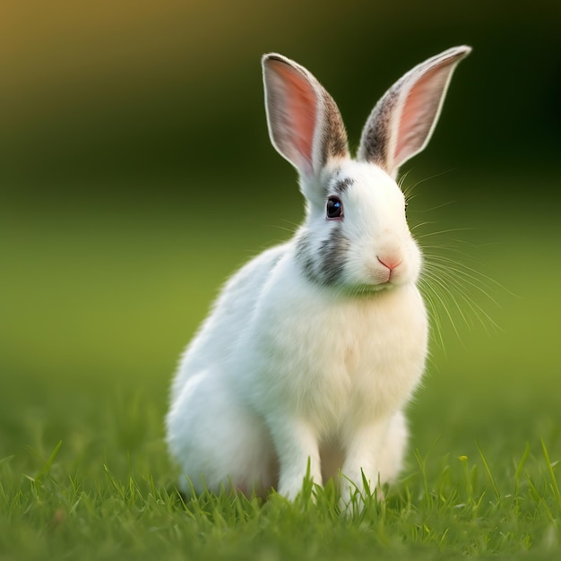 Sedate pasqua bianco Hotot coniglio ritratto corpo pieno seduto in campo verde